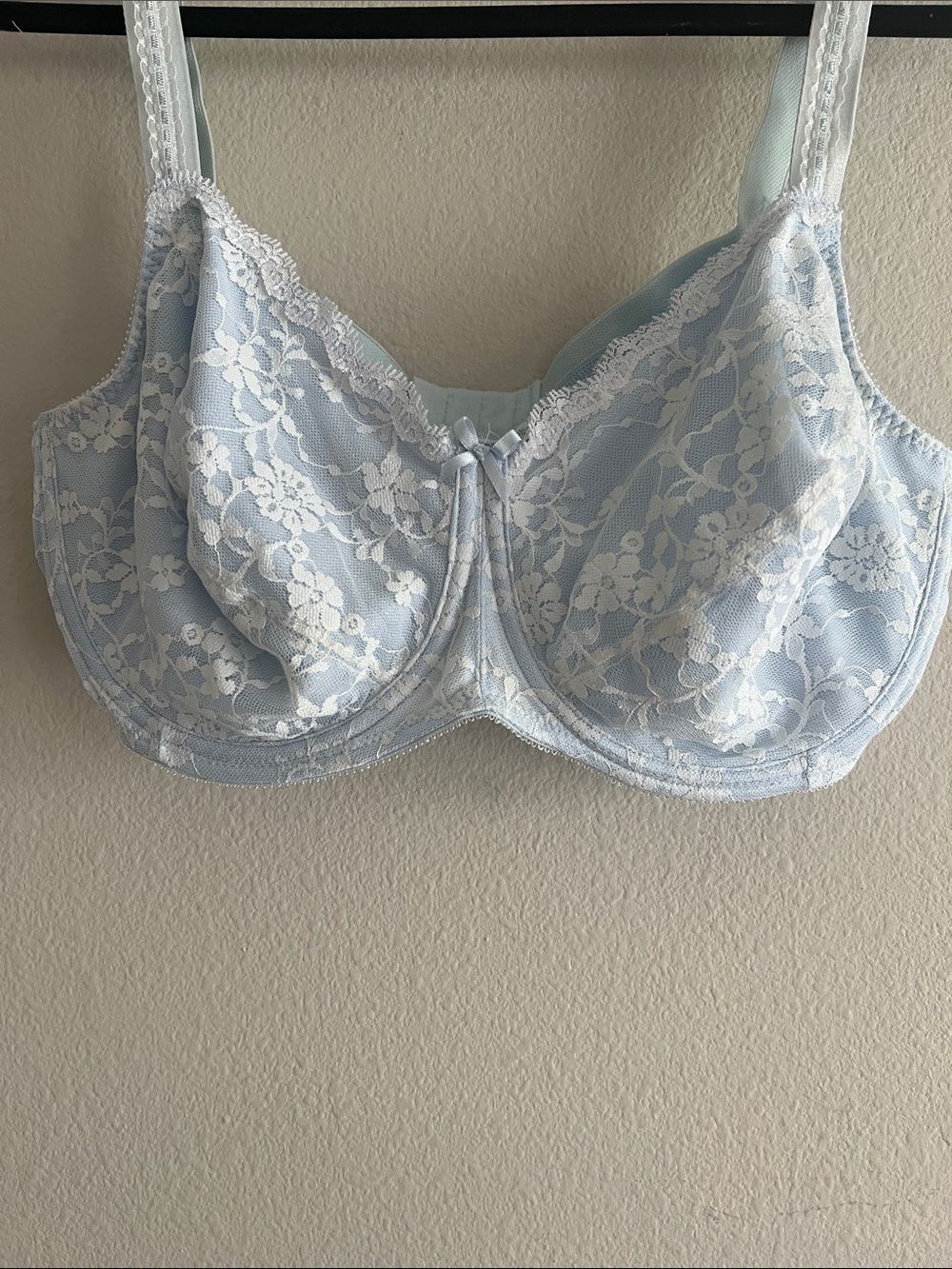 Vintage 90s Playtex 7652 Bra 44D Baby Blue White Lace Underwire Floral - Picture 3 of 7